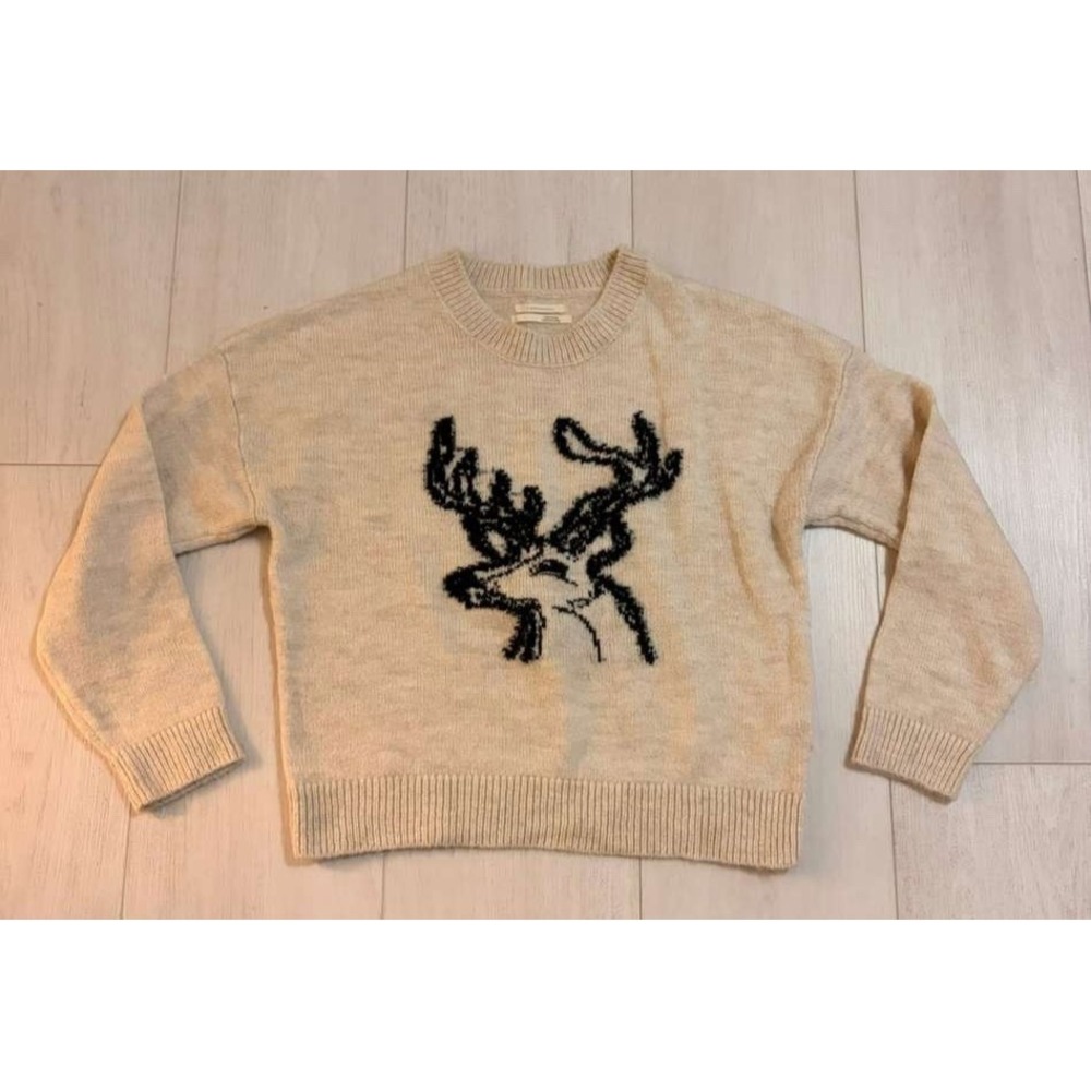 Anthropologie Oh Deer Reindeer Sweater Intarsia Holiday Sz S Cream Black
